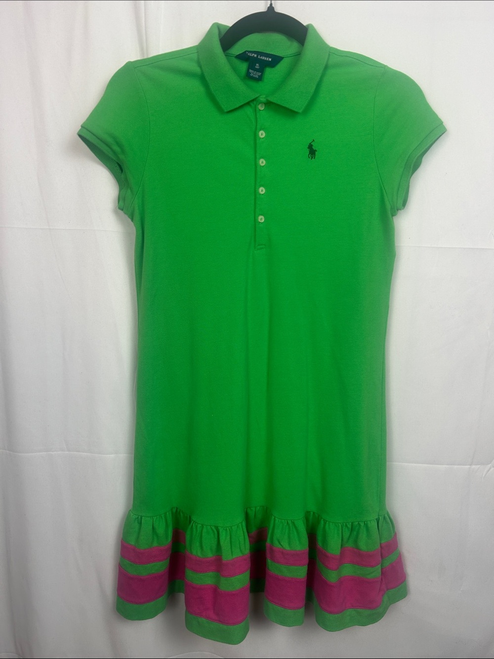 Ralph Lauren Bright Green Polo Dress with Pink Hem Stripes